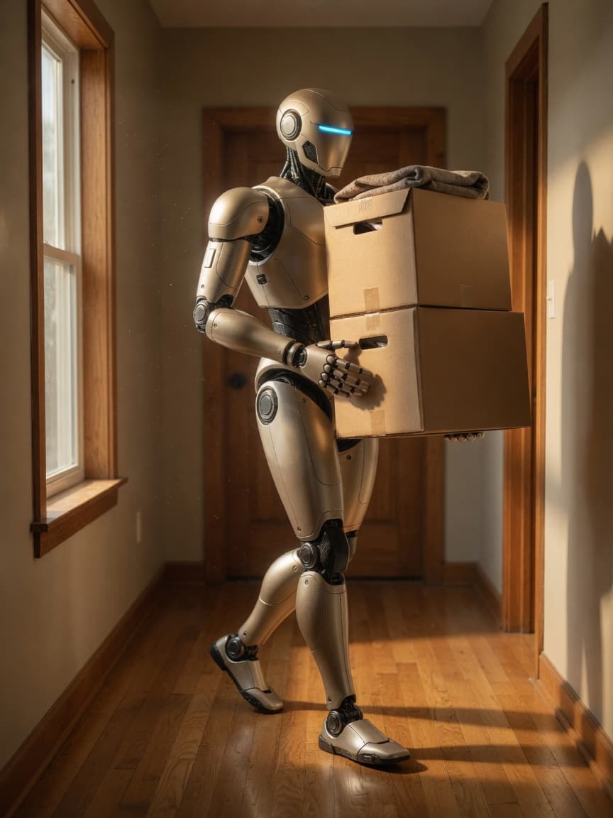 Atlas walking a residential hallway with stacked crates