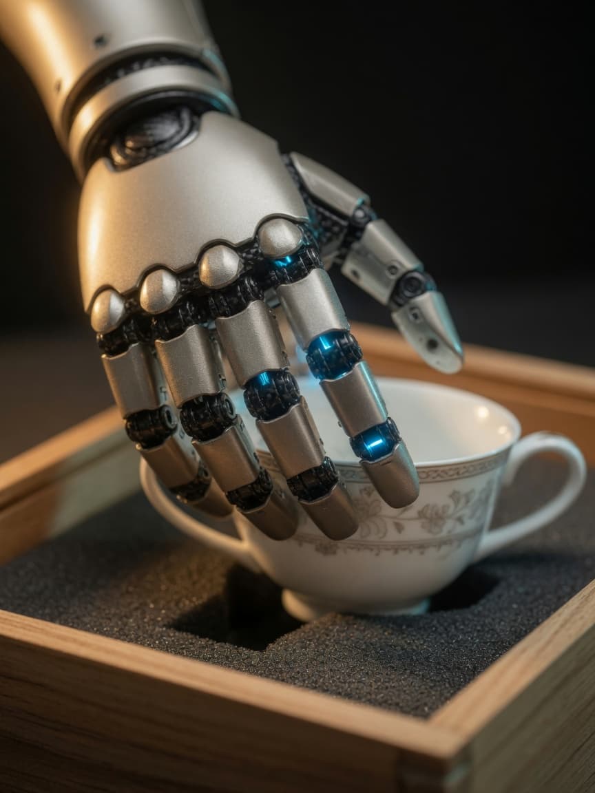 Close-up of a titanium articulated hand seating a porcelain teacup into foam