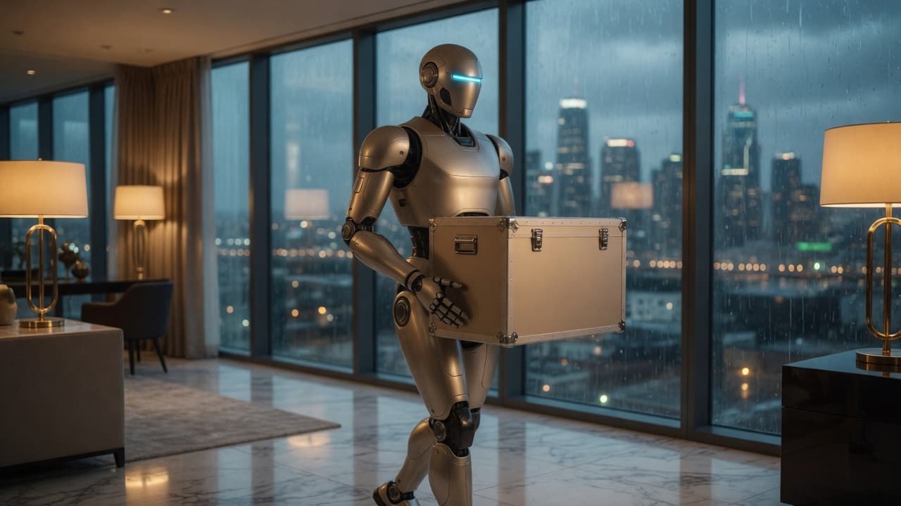 Atlas-class humanoid carrying a sealed crate through a rain-lit penthouse